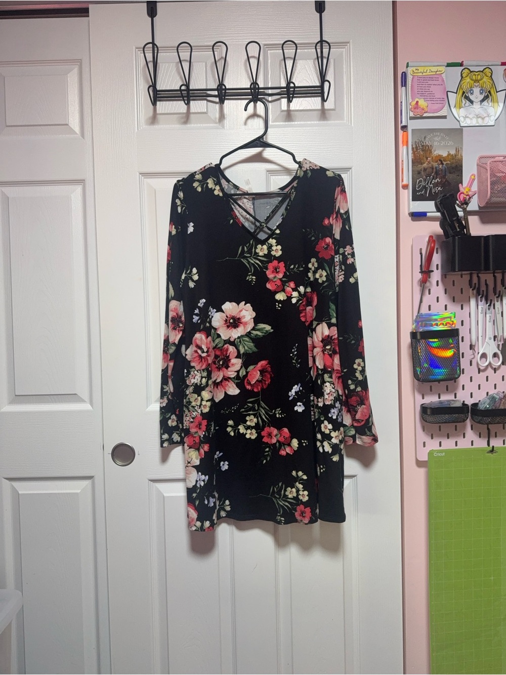 Black Floral Long-Sleeve V-Neck Dress